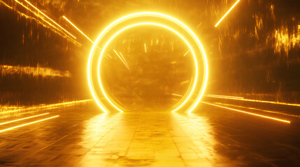 Wall Mural - yellow magical geometric circle neon portal shrouded. round glowing frame. futuristic teleporter. li
