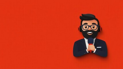 Radio reporter with headset and microphone, flat design illustration