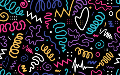 vivied line doodle seamless pattern trendy 90s retro style kids party confetti texture childish scri