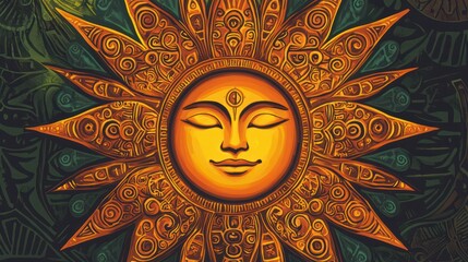 A gold and green sun with a face drawn on it