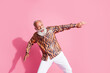 © deagreez - Photo of crazy funky old man moving feel carefree wear glamour clothes isolated pastel color background