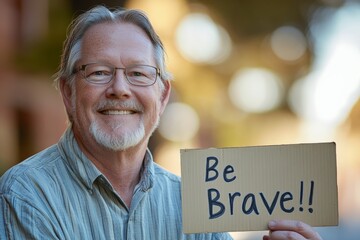 An older gentleman with white hair and glasses is holding a cardboard sign reading 'Be Brave!' while standing outside in a sunlit setting, smiling brightly.