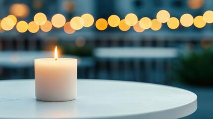 Poster - Burning candle illuminating empty table in outdoor setting