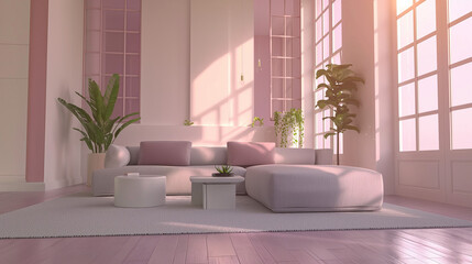 Minimalist, japandi interior design of modern living room with pink armchiars and grey sofa.