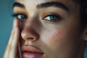 A close-up view of a woman with radiant skin and freckles, capturing emotion and texture, emphasizing the natural beauty and unique features of her face.