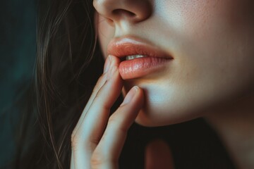 Close-up image focusing on softly lit lips that are gently touched by fingers, emphasizing texture and natural beauty. Perfect for beauty and skincare concepts.