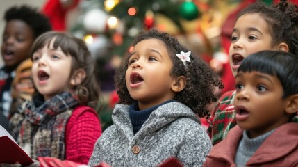 Diverse Group of Children Singing Christmas Carols Joyfully