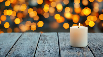 Poster - Burning candle illuminating empty wooden table at twilight with bokeh lights
