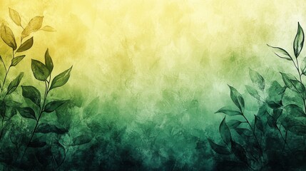 Wall Mural - a watercolor background with a gradient of greens and yellows, featuring abstract leaves in the fore