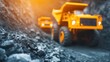© nitnicha - Two yellow dump trucks working in a mine, captured with a soft focus, showcasing industrial machinery in action.