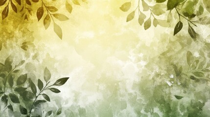 Wall Mural - a watercolor background with a gradient of greens and yellows, featuring abstract leaves in the fore