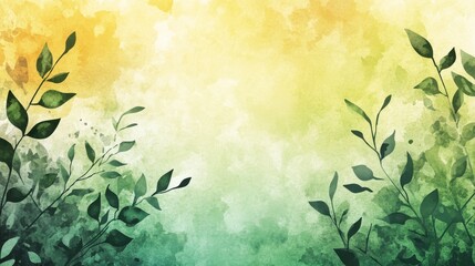 Wall Mural - a watercolor background with a gradient of greens and yellows, featuring abstract leaves in the fore