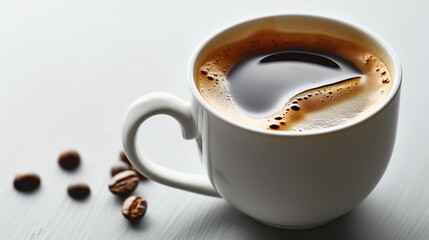 white mug of black coffee isolated on a white background with beans Focus Cinematic place for text on the left