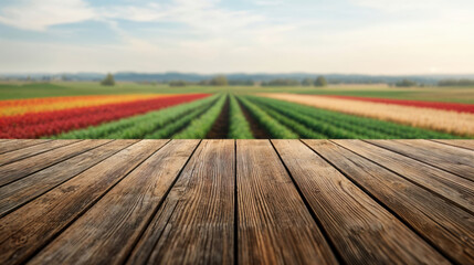 Poster - Empty wooden table with a blurred background of a colorful flower field, perfect for product placement and showcasing