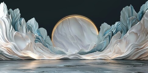 Leinwandbilder - An alien background template with a mountain terrain background with pink and blue glowing neon lights