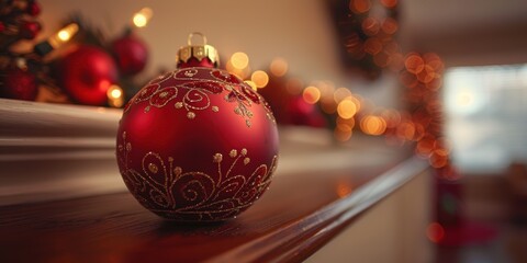 A beautifully decorated red Christmas ornament placed on a wooden railing with glistening golden patterns, accompanied by soft, warm holiday lights in the background