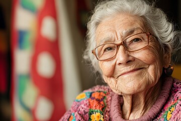 An elderly woman with glasses and a cozy patterned sweater offers a gentle smile, exuding warmth and kindness against a background splashed with color and patterns.