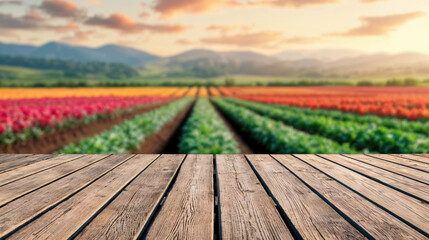 Poster - Empty wooden table providing a place to showcase your product against a backdrop of a vibrant flower field