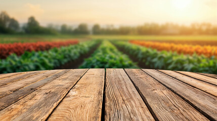 Poster - Empty wooden table providing a display space with a blurred background of farm field landscape at sunset