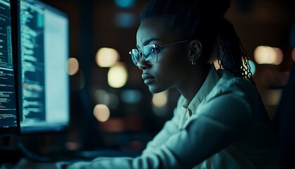 Cybersecurity-focused African American female IT developer in a low-light office setting.