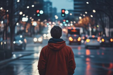 A person in a red jacket walks down a busy street at dusk, surrounded by the glow of streetlights and blurred motion of traffic, capturing urban solitude.