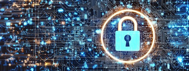 Leinwandbilder - A wide banner design of a secure connection or cybersecurity service concept of a compute motherboard closeup with a safety lock and a login and connecting verified credentials as a secure connection