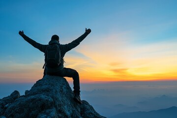 A person seated on a mountaintop at dawn, arms stretched outward, symbolizes a serene embrace of infinite possibilities against a backdrop of soft morning hues.