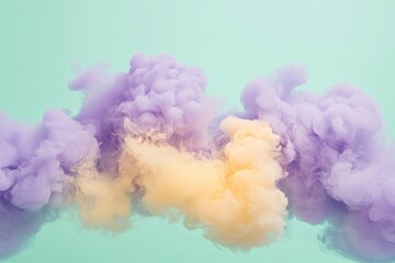 Poster - Gorgeous puffs of purple and yellow smoke blend harmoniously against a light teal backdrop, creating a mesmerizing floating abstract art piece.