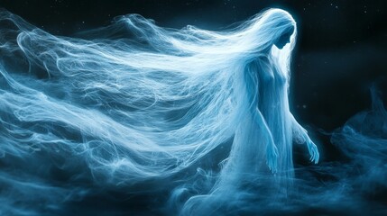 Fototapete - There is a ghostly figure surrounded by smoke with long hair