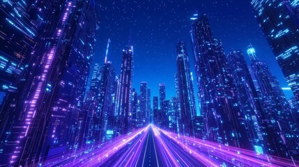 Aufkleber - The motion effect illustration depicts abstract speed light trails in a futuristic smart city with neon skyscrapers