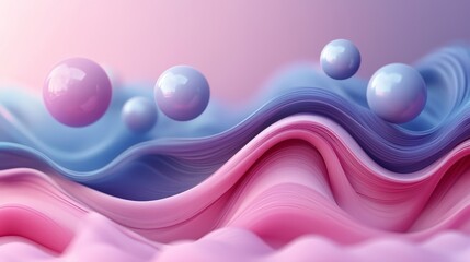 Fototapete - Create a visually engaging and dynamic scene with this abstract purple background decorated with balls and wavy surfaces.