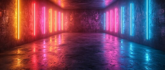 Poster - Modern neon lights in pink and blue illuminate this vibrant and creative hallway.