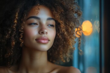 A woman with curly hair is looking out the window