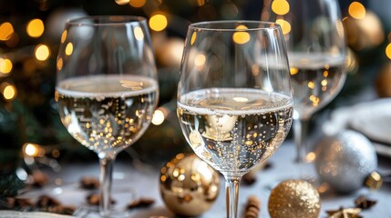 Festive atmosphere with three wine glasses filled with white wine and golden ornaments creating a celebratory holiday ambiance around a dining table