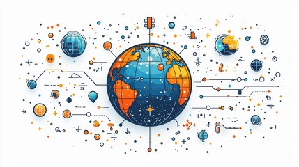 A globe line icon represents global connectivity, a website, and a line icon.