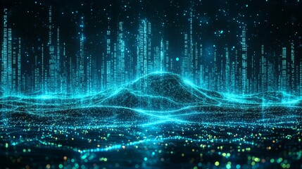 In a futuristic scene reminiscent of a cybernetic world, glowing blue digital codes rain downward in a vertical pattern