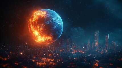 Fototapete - Digital globe illuminated with vibrant blue and orange lights sits on a futuristic circuit board that represents global technology and digitization.
