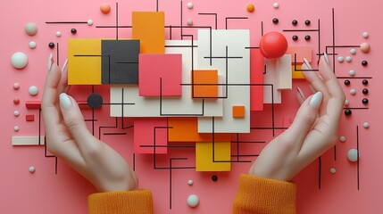 Leinwandbilder - Pink background and two hands reach towards a digital sphere of abstract patterns.