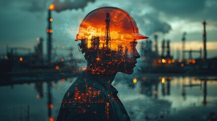 Poster - The image depicts a man in a hard hat reflected in a cityscape. This depicts the human element in a world dominated by machines and infrastructure.