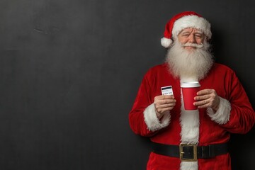 A grumpy Santa handing out gift cards instead of presents, with a smirk and the phrase 'Merry Christmas, figure it out yourself'