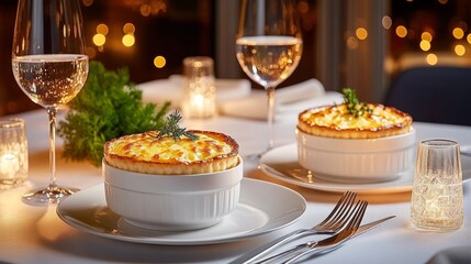 Dos cuencos de sopa gratinada servidos con copas de vino blanco en una mesa decorada con velas, en un ambiente festivo con luces suaves.

