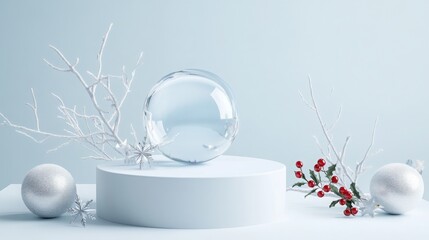 Fototapete - A large, clear glass sphere rests on a white platform. The sphere is surrounded by white branches and silver ornaments. A sprig of holly with red berries is visible on the right side of the image.