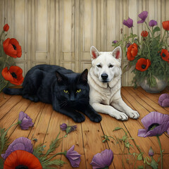 A beautifully detailed pencil and paint sketch of a cat and dog lying side by side, representing unity between species. The textured wooden floor serves as a backdrop, while poppies of different sizes