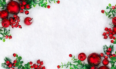 Wall Mural - christmas decoration. branches christmas tree, red ball, red berries on snow with space for text. to