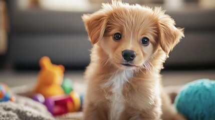 portrait of an adorable mixed breed puppy with fluffy fur and big expressive eyes,