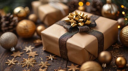 A beautifully wrapped Christmas present adorned with a golden bow and surrounded by festive decorations, including ornaments, pinecones, and glittering stars