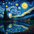 © Pinny - A peaceful village by waterside of a lake in a starry night, with water reflection, a lone tree nearby, wildflowers, painting art
