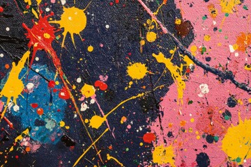 Aufkleber - Dynamic composition of colorful paint splatters, primarily in pink and yellow, on a textured surface, conveying a sense of artistic freedom and expressiveness.