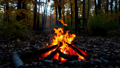 An autumn bonfire crackles in the woods, surrounded by vibrant orange and yellow leaves. Warm, glowing embers dance in the cool air, inviting friends to gather and share stories under the starlit sky.