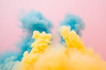 Poster - Vibrant blue and yellow smoke clouds rise dynamically in a pastel pink sky, offering a lively and colorful portrayal of abstract forms and expressions.